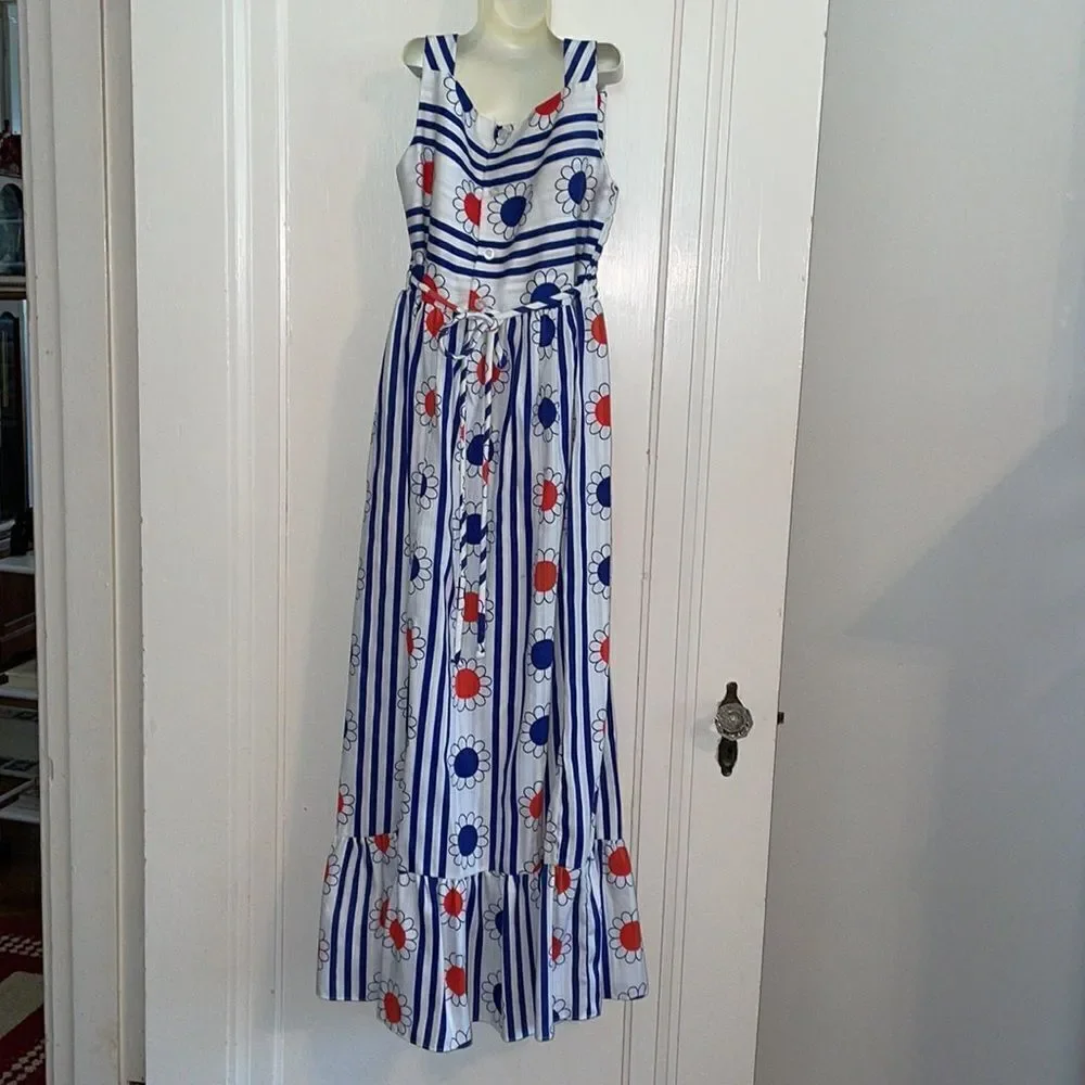 Vtg 60s/70s Youngland‎ preteen red, white & blue flower power maxi dress